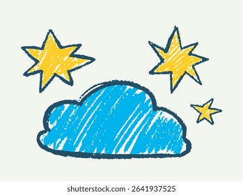 Blue cloud and yellow stars drawn in a crayon sketch style, set on a light cream background. Concept of weather, night sky, or children s illustration. Vector illustration