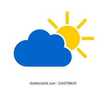 Blue cloud and yellow sun. Weather forecast icon isolated on white background. Vector.
