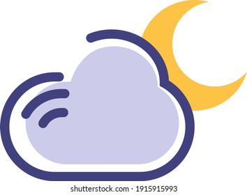 Blue cloud with the young moon, illustration, vector on white background.