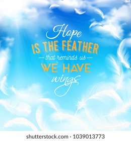 Blue clouding sky realistic background with elegant white feathers as wings part and symbol of hope vector illustration