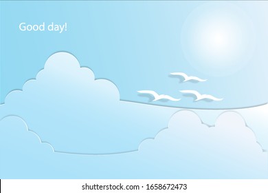 Blue clouds in the bright sky vector illustration, paper cut style. Clean and light background.