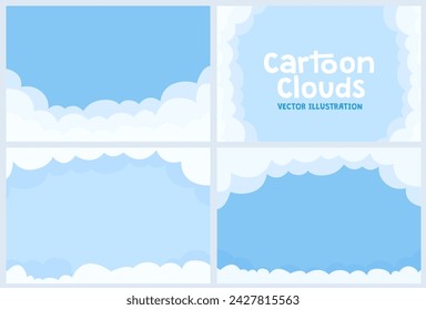 Blue Clouds Cartoon Background set. Vector sky design illustration. Abstract flat art with white cloudy shapes. Summer Wallpaper, Nature Scene, Sunny Day Graphic for Web, Game, Artistic Template