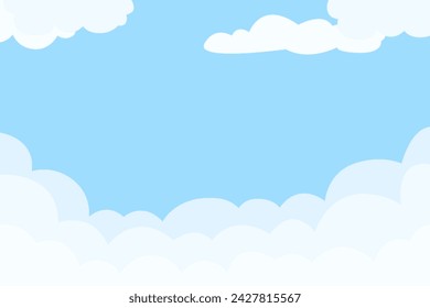 Blue Clouds Cartoon Background. Vector sky design illustration. Abstract flat art with white cloudy shapes. Summer Wallpaper, Nature Scene, Sunny Day Graphic for Web, Game, Artistic Template