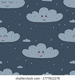 blue clouds with cute kawaii faces with raindrops on blue background in doodle style, vector seamless pattern