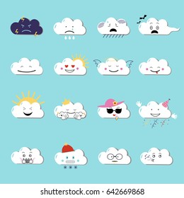Blue clouds emoji 16 set isolated. Vector flat illustration