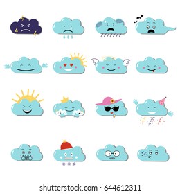 Blue clouds emoji 16 set isolated. Vector flat illustration