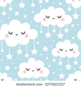 Blue clouds with eyes and lashes in the sky with stars, cute background seamless pattern for baby room decor, lamp shade and fabric, textile. Vector abstract repeat with sleepy clouds.