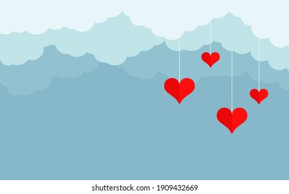 Blue clouds with hanging red hearts cartoon style. Background for Valentine day with place for text. Cloudy sky, heaven scene layered effect. Love romantic panorama for poster. Vector illustration