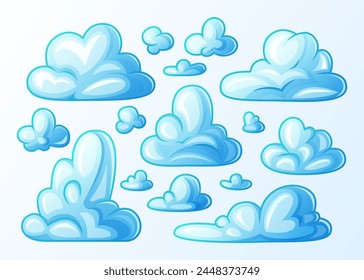 Blue clouds isolated on a light background. Collection of colorful vector elements. Different shape cartoon cumulus.