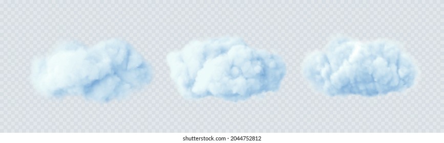 Nubes azules aisladas en un fondo transparente. Conjunto de nubes realistas en 3D. Verdadero efecto transparente. Ilustración del vector EPS10