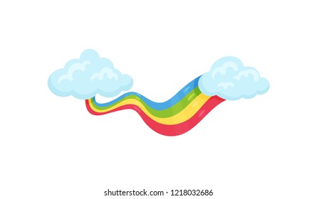 Blue clouds with multicolored rainbow. Wall decor for children room. Flat vector element for postcard or poster Blue clouds with multicolored rainbow. Wall decor for children room. Flat vector element for postcard or poster
