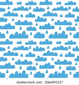 Blue clouds on white backdrop. Stylized simple bright background pattern. Great for kids textile, wrapping paper or bedding.