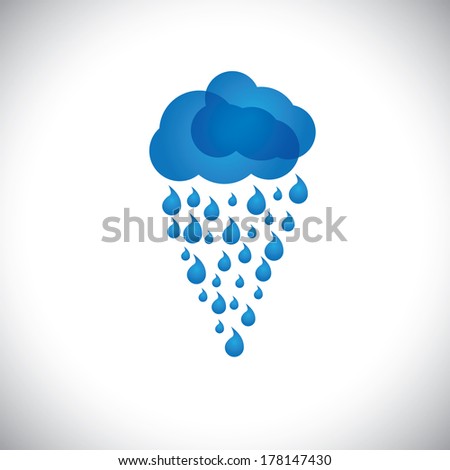 blue clouds & rain vector icon, sign or symbol on white background. This graphic also represents rainstorm, heavy rainfall, monsoon, rainy season, inclement weather, drizzle, spate, downpour, etc