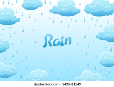 Blue clouds and raindrops on white background. Cartoon cloudscape illustration.