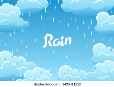 Blue clouds and raindrops on white background. Cartoon cloudscape illustration.