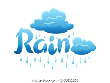 Blue clouds and raindrops on white background. Cartoon cloudscape illustration.