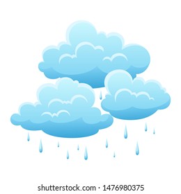 Blue clouds and raindrops on white background. Cartoon cloudscape illustration.