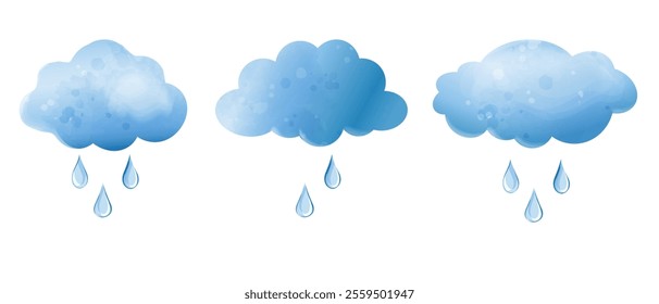 Blue clouds with raindrops. Vector watercolor set