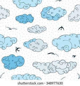 Blue Clouds, seamless pattern. Hand drawn vector illustration. 