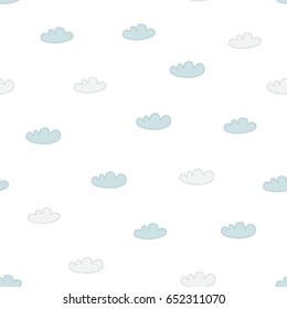Blue clouds. Seamless vector hand drawn pattern in doodles style. Endless texture for baby swaddle blankets, bibs, bed linen, body, fabric, paper, scrapbook