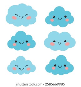 Blue clouds set in cute cartoon flat style vector illustration. Blue cloud for decoration. Clouds elements for newborn, nursery, stickers