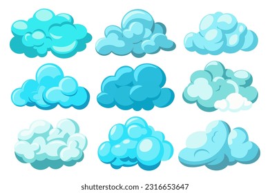 Blue clouds set. This illustration set features a series of blue clouds designed in a flat and cartoon style. Vector illustration.