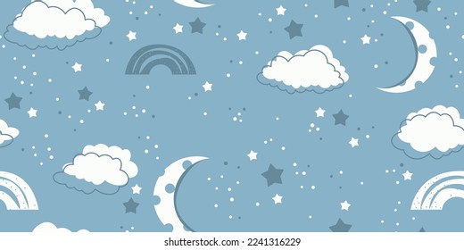 Nubes azules y estrellas en el cielo. Ilustración de diseño de vectores para fondo de pantalla. Decoración, interior, empaque sin fisuras, impresión de diseño.