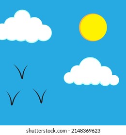 Blue clouds sun birds in modern style. Cartoon style. Vector illustration. stock image.