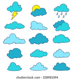 Blue clouds. Vector icons, hand-drawn.