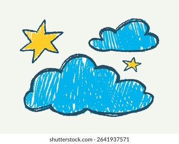 Blue clouds and yellow stars drawn in crayon style on a light background, representing a whimsical night sky concept. Vector illustration