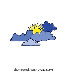 blue clouds with yellow sun icon. sunlight, sunrise vector illustration on white background. nature background. hand drawn vector. doodle for kids, logo, label, wallpaper, poster, banner, clipart.