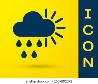 Blue Cloudy with rain and sun icon isolated on yellow background. Rain cloud precipitation with rain drops.  Vector Illustration