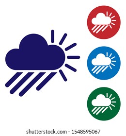 Blue Cloudy with rain and sun icon isolated on white background. Rain cloud precipitation with rain drops. Set color icons in circle buttons. Vector Illustration