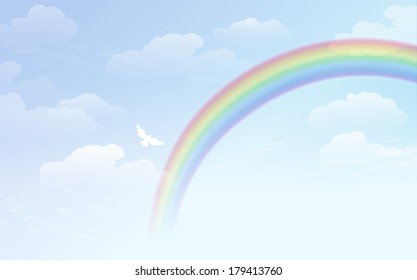 Blue cloudy sky  background with rainbow and white dove.  File contains gradient,Transparent. 