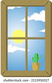 blue cloudy sky on day view through wooden window