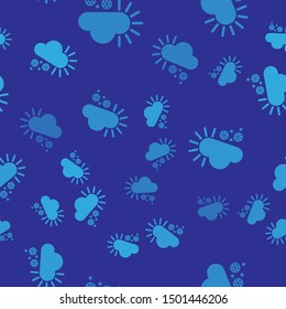 Blue Cloudy with snow icon isolated seamless pattern on blue background. Cloud with snowflakes. Single weather icon. Snowing sign.  Vector Illustration