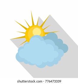 Blue cloudy sun icon. Flat illustration of blue cloudy sun vector icon for web