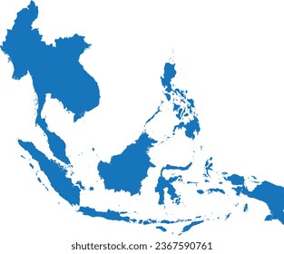 BLUE CMYK color detailed flat stencil map of the region of SOUTHEAST ASIA on transparent background