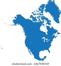 BLUE CMYK color detailed flat stencil map of the continent of NORTH AMERICA on transparent background