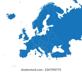 BLUE CMYK color detailed flat stencil map of the continent of EUROPE (with country borders) on transparent background