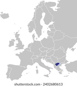 Blue CMYK national map of NORTH MACEDONIA inside simplified gray blank political map of European continent on transparent background using Mercator projection