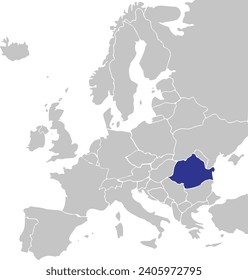Mapa nacional azul CMYK de ROMANIA dentro del mapa político simplificado en blanco y negro del continente europeo sobre fondo transparente usando proyección Mercator