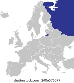 Blue CMYK national map of THE RUSSIAN FEDERATION (European part) inside simplified gray blank political map of European continent on transparent background using Mercator projection