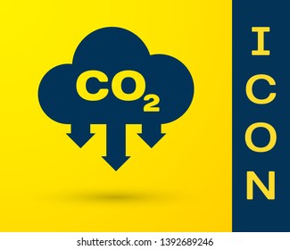 Blue CO2 emissions in cloud icon isolated on yellow background. Carbon dioxide formula symbol, smog pollution concept, environment concept. Vector Illustration