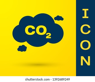 Blue CO2 emissions in cloud icon isolated on yellow background. Carbon dioxide formula symbol, smog pollution concept, environment concept. Vector Illustration