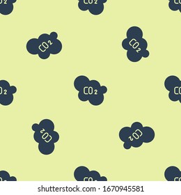 Blue CO2 emissions in cloud icon isolated seamless pattern on yellow background. Carbon dioxide formula, smog pollution concept, environment concept.  Vector Illustration