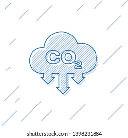 Blue CO2 emissions in cloud line icon isolated on white background. Carbon dioxide formula symbol, smog pollution concept, environment concept. Vector Illustration
