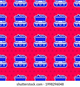 Blue Coal Train Wagon Icon Isolated Seamless Pattern On Red Background. Rail Transportation.  Vector