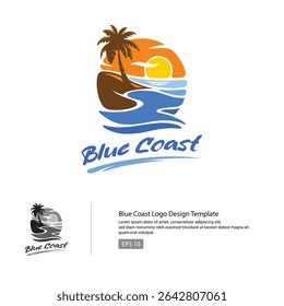 Blue Coast as a Beach logo design with coconut tree, and blue wave - vector