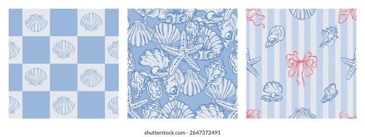 Conjunto de padrões sem emenda costal azul com conchas, criaturas subaquáticas, estrela-do-mar em fundos listrados e xadrez. La dolce vita temática inspirada na estética italiana de verão. Desenhos marinhos antigos